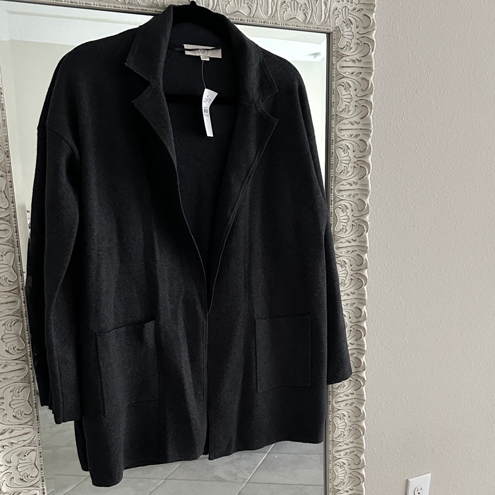 LOFT Black Charcoal Gray Open-Front Cardigan Blazer Style